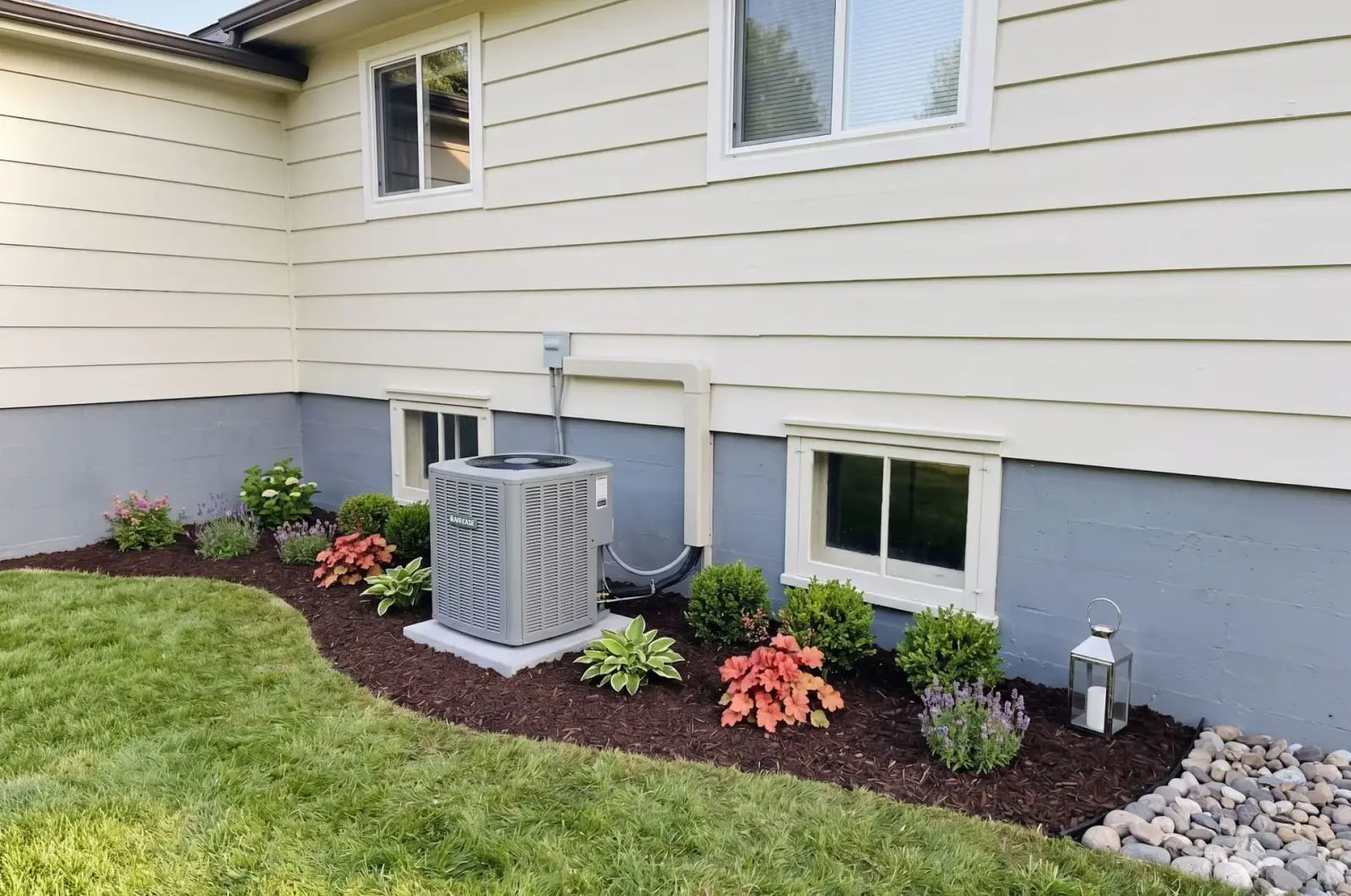 Residential air-source heat pump install with manicured landscaping