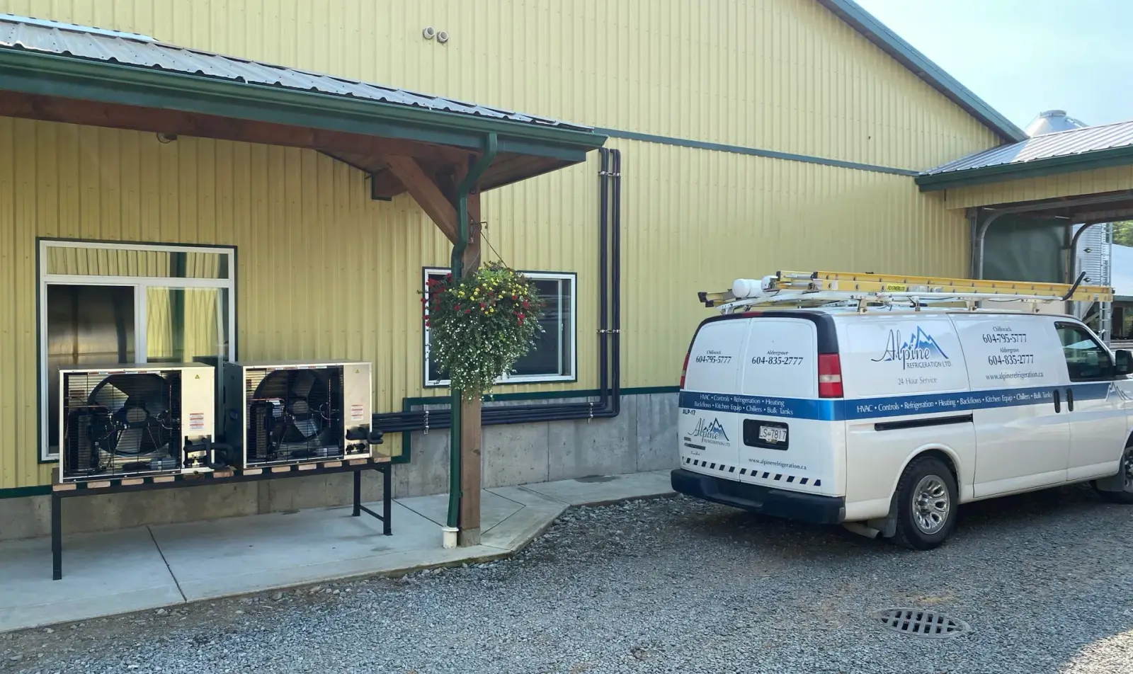Alpine service van and outdoor condensing units at a Fraser Valley dairy operation